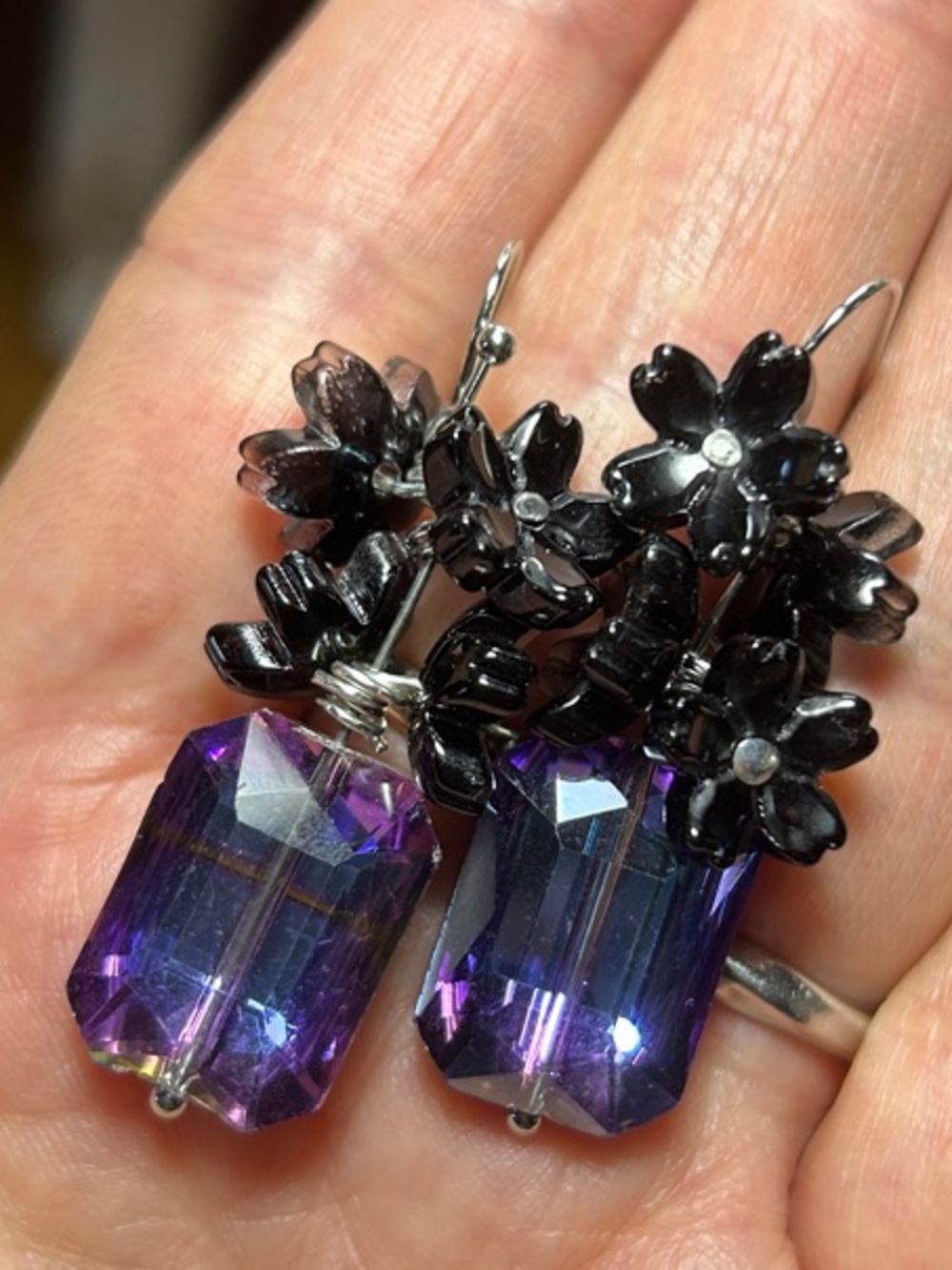 3/$25 Black Floral Silver Drop Earrings with Purple Crystal